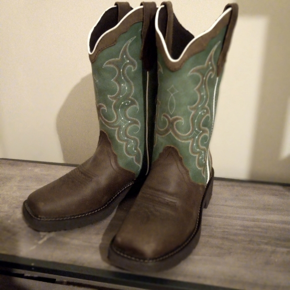 COWBOY TURQUOISE PRINT JUSTIN BOOTS - Picture 1 of 10